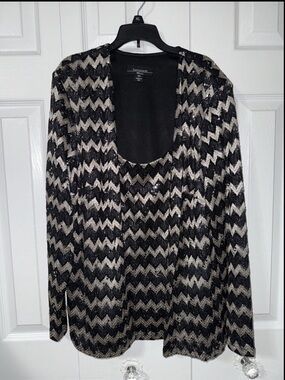R&M Richards Black and Cream Sequin Chevron Cardigan Set